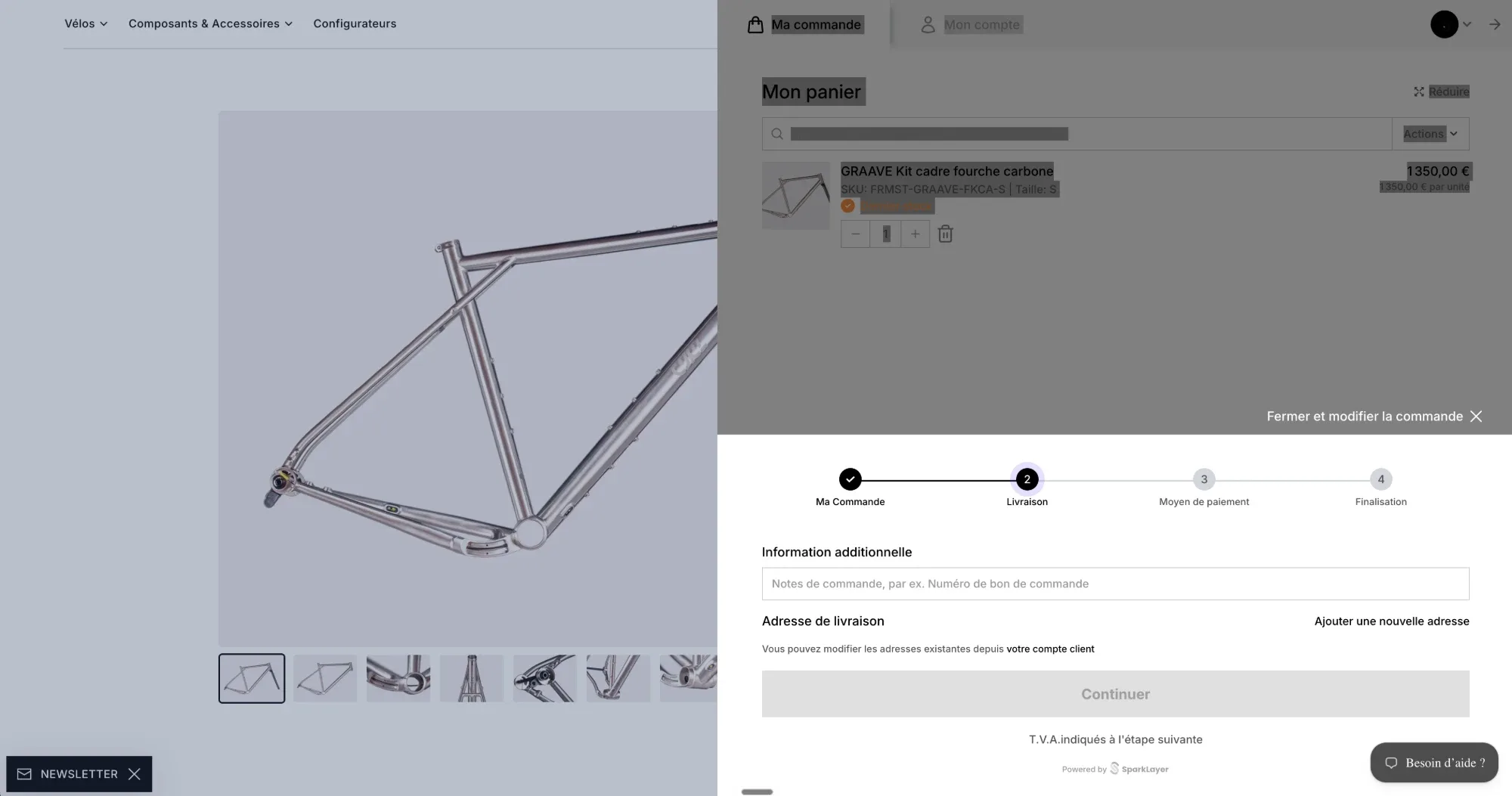 CYKL’s B2B portal on Shopify: a GRAAVE frame kit in the cart, then delivery, payment and confirmation. The dealer’s account is hidden.