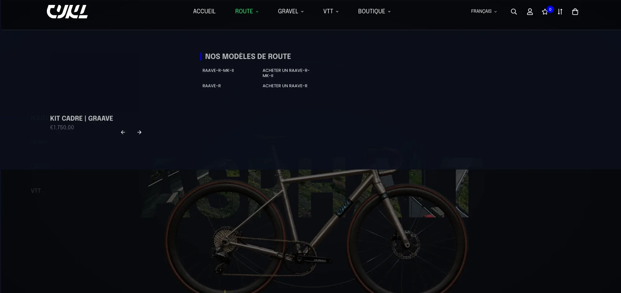 CYKL’s website in 2024, with a dark, crowded menu and a frame kit up front.